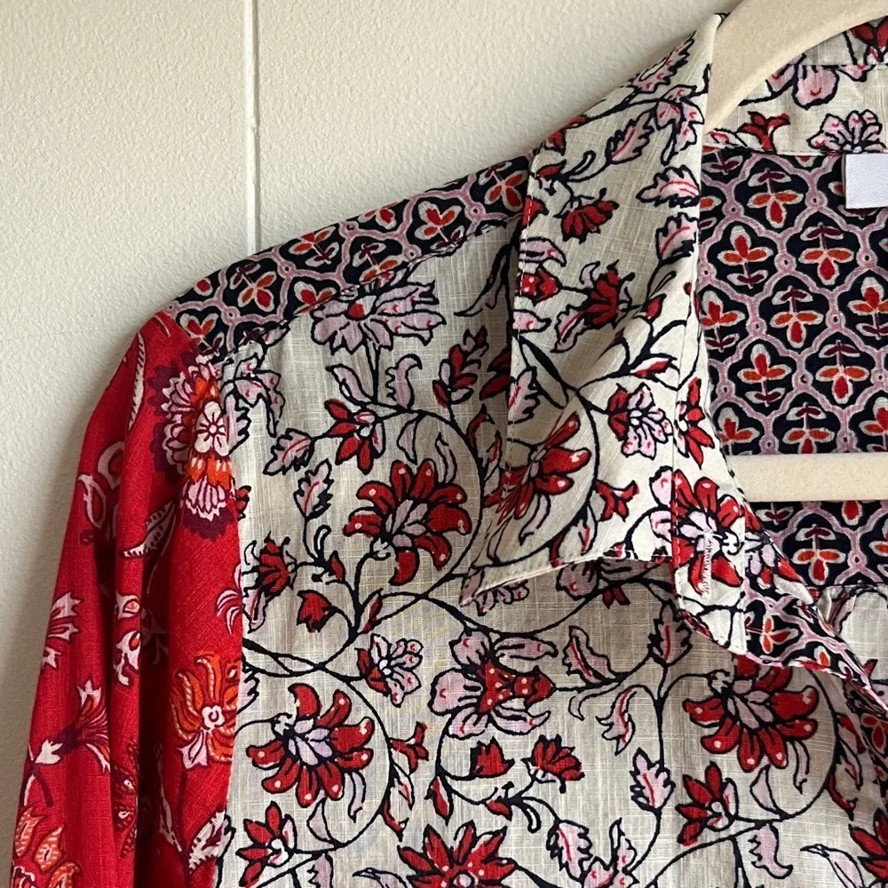 J. Jill Red and White Floral Button Down Shirt Sz Med Coastal Grandma Beach - Picture 5 of 12